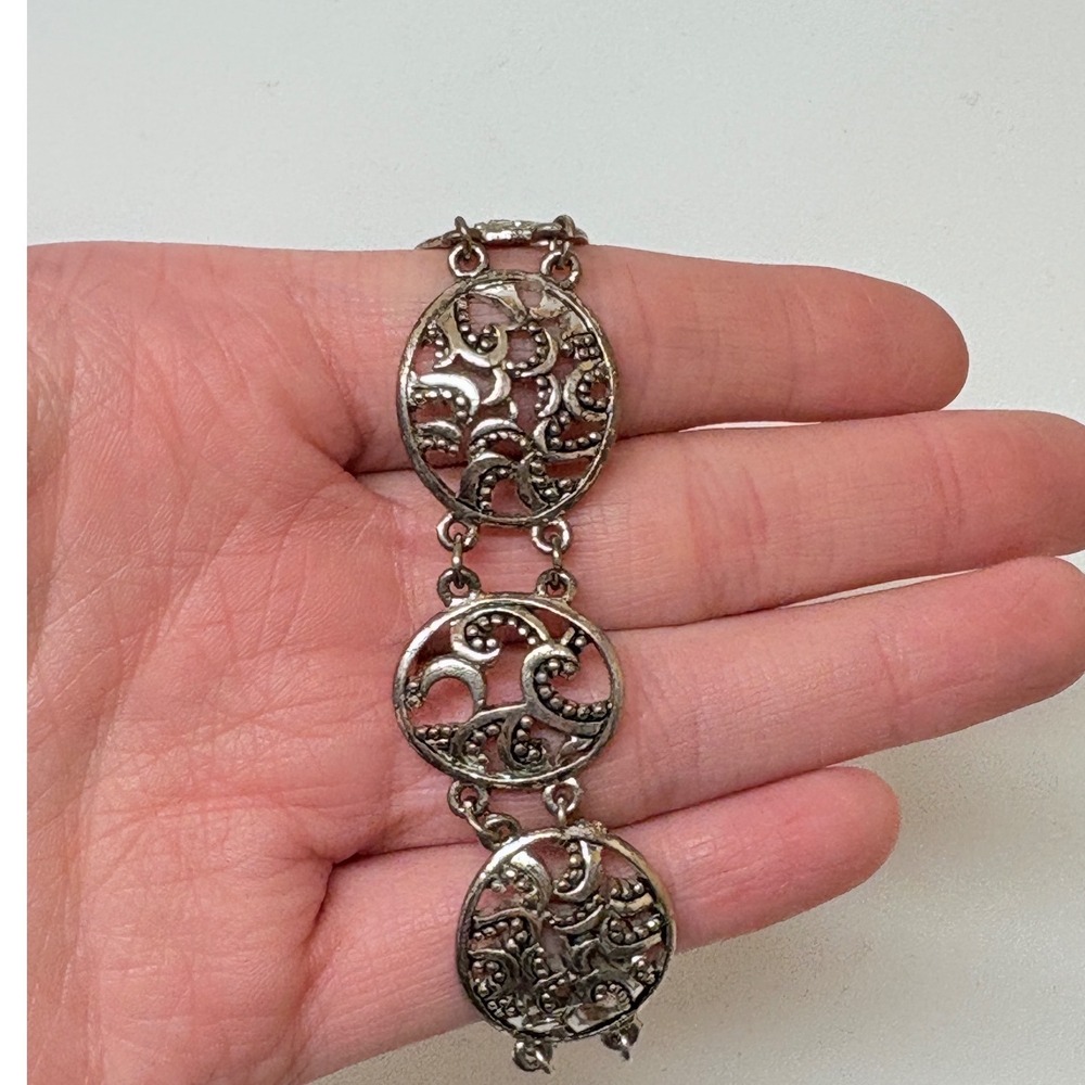 Vintage Silver Tone Filigree Scroll Link Bracelet Ornate Medallion 7 Inch